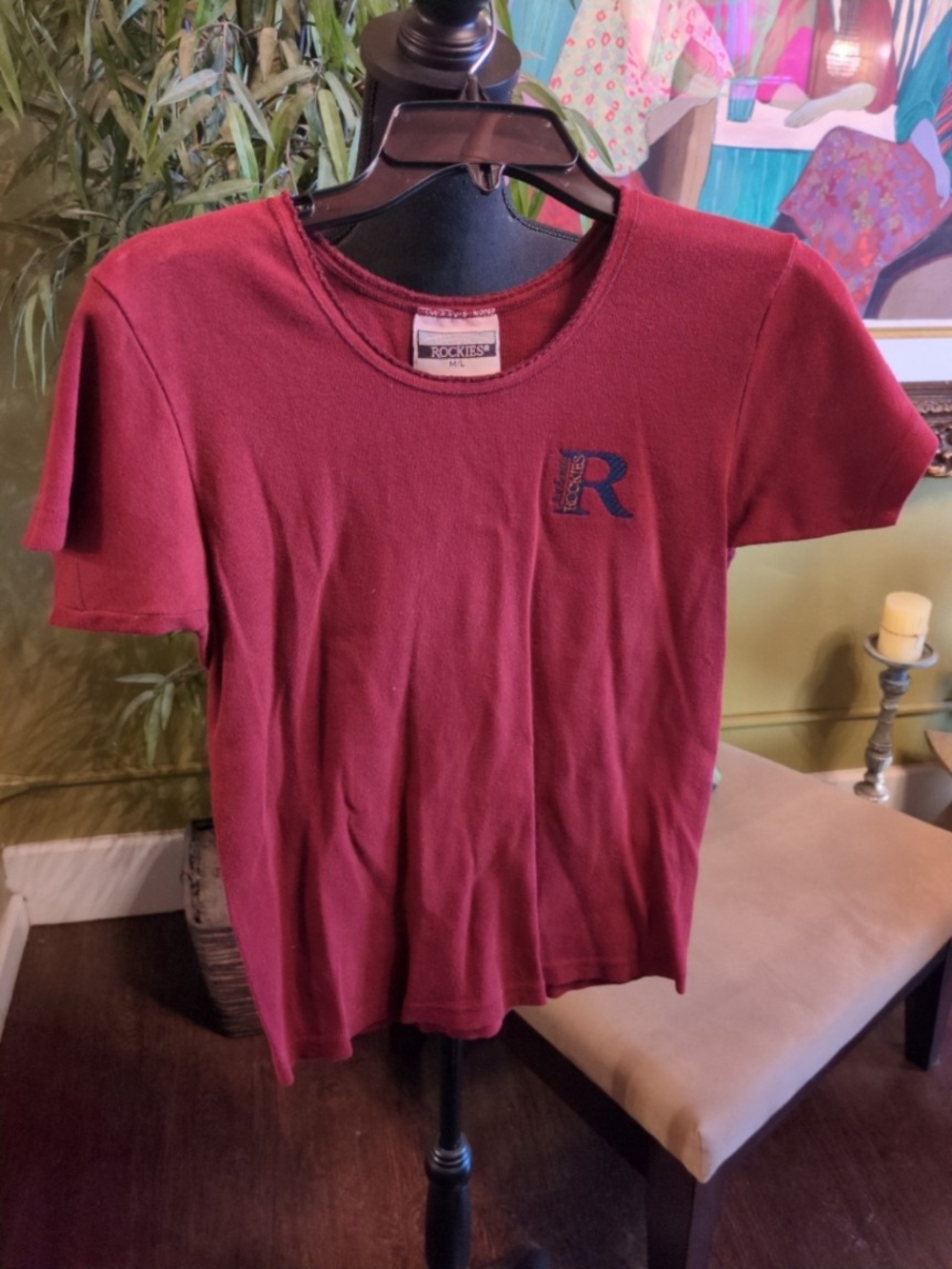 Rockies Women's Short Sleeve Tee in Burgundy with Navy Embroidered R
